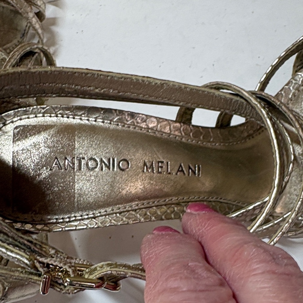 ANTONIO MELANI Gold Strappy Snake-Texture Leather Stiletto Sandals - Picture 11 of 14
